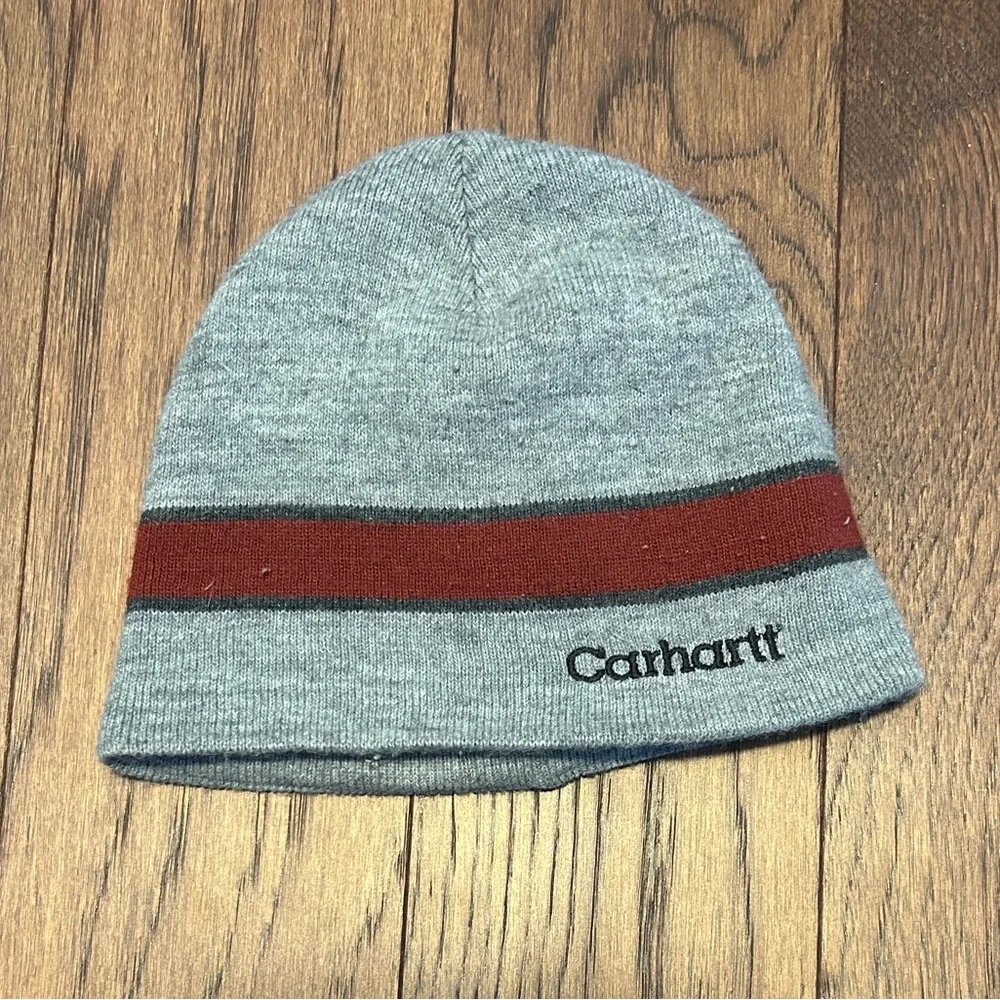Vintage Carhartt Heather Gray Beanie with Red Stripe